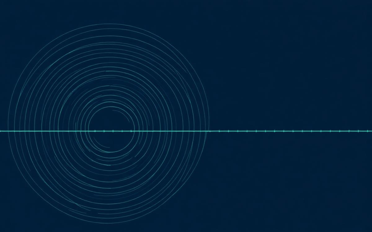 Composition abstraite : arcs concentriques et ligne de temps ponctuée, palette bleu marine et vert menthe.