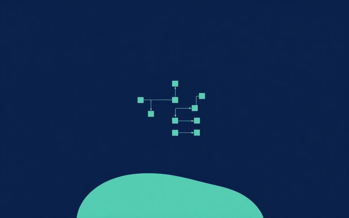 Diagramme abstrait d'un arbre de règles, carrés vert menthe reliés par de fines lignes sur fond bleu marine.