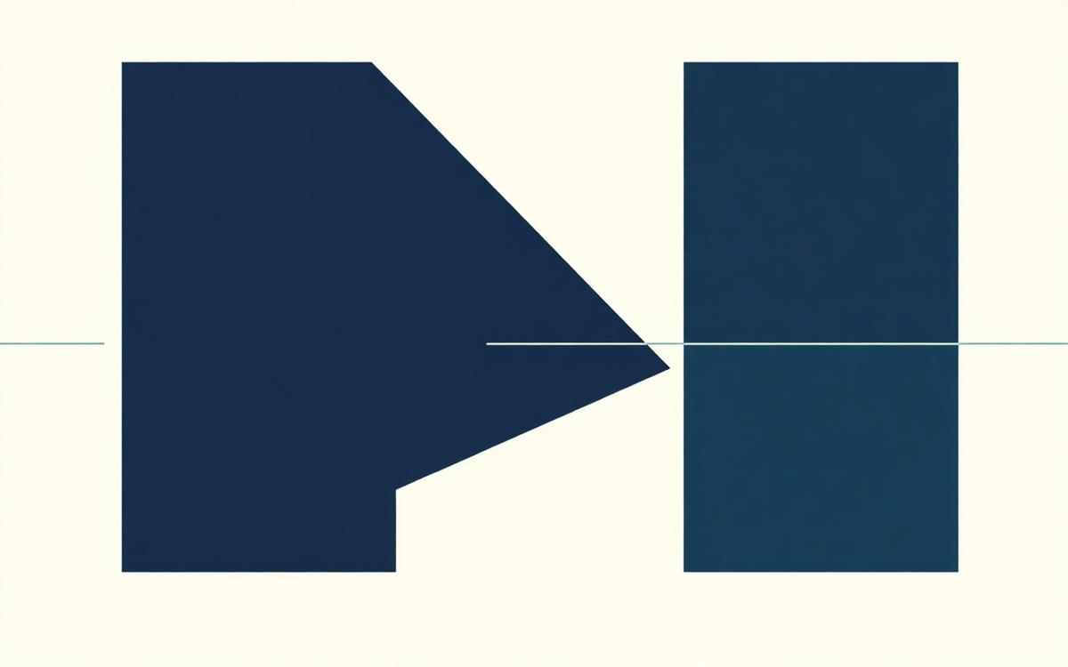 Composition abstraite : deux volumes décalés reliés par une fine ligne, bleu marine sur fond ivoire.