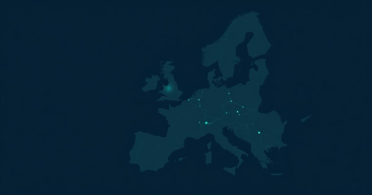 Contour stylisé de l'Europe avec des nœuds lumineux vert menthe sur fond bleu marine.